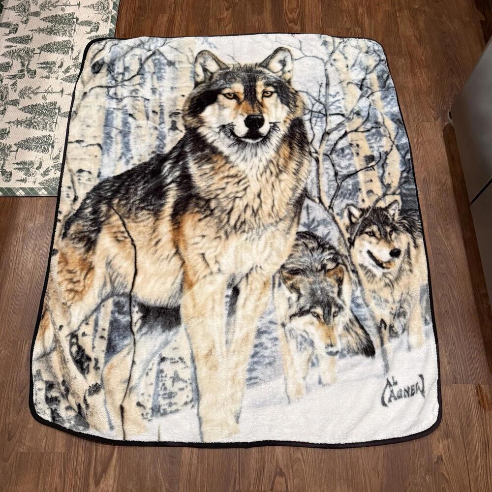 Vintage 80s/90s RARE Al Agnew Snowy Wolves Wolf Art Fleece Throw Blanket 60x48